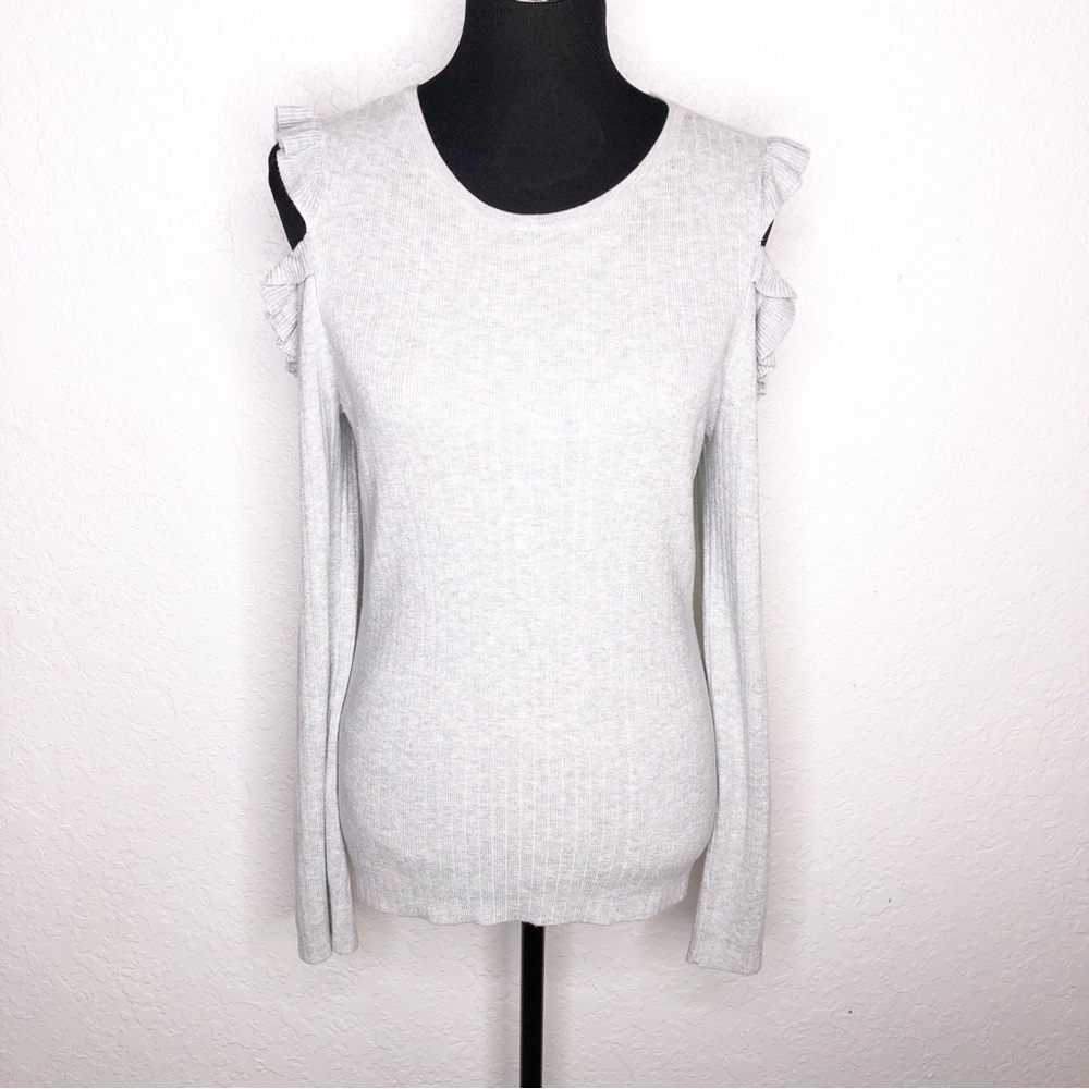WHBM gray ribbed knit ruffle cold shoulder sweater top size Medium